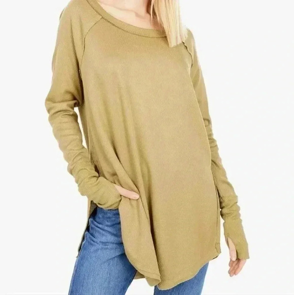 Free People Snowy Thermal Sunstone Green Yellow size S Long Sleeve Split Hem S - Picture 1 of 8